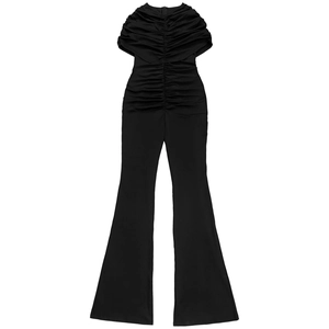 Detail of off-the-shoulder black ruched jumpsuit with slim flared pants style