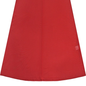 Close-up of red mesh dress fabric detail with visible hem stitching and size S label