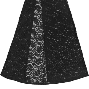 Detailed macro view of black floral lace fabric with elegant scalloped hem and embroidery
