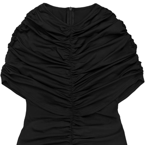 Detail of elegant black sleeveless ruched top with a V-neck and hidden back zipper