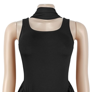 Close-up of black sleeveless dress featuring an elegant halter neck tie and slim-fit cut