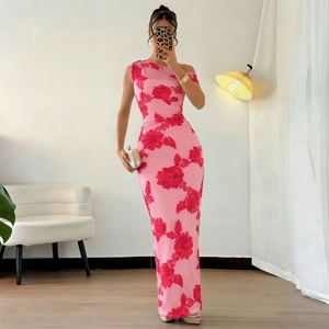 Elegant one-shoulder pink maxi dress with floral embroidery and a slim fit design