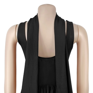 Back view of black sleeveless dress set featuring elegant long wide shoulder streamers