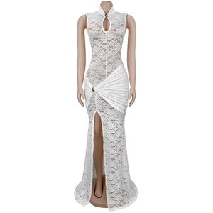 Detail of white lace dress featuring mandarin collar, teardrop cutout and gold buckle
