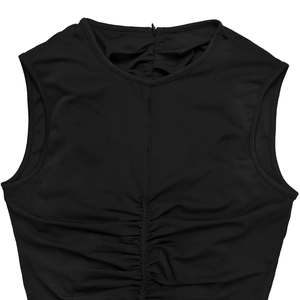 Detail view of the ruched neckline and invisible zipper on this elegant black jumpsuit