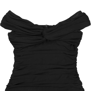 Detail of elegant black mesh ruched tube top with criss-cross twist and back zipper