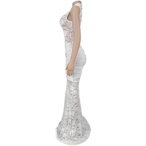 Detailed side view of a white lace sleeveless mermaid dress with pleated fabric texture