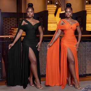 Robe de Soirée Maxi Élégante Plissée pour Femmes Une Épaule Châle Fente Haute Sexy Coupe Ajustée Robe Formelle Banquet