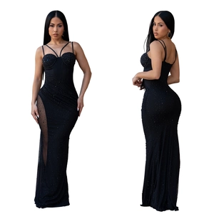 Elegant black rhinestone bodycon evening dress with mesh splice and side high slit