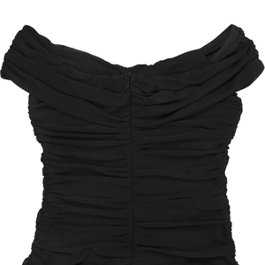 Detail shot of the back hidden zipper and ruched mesh texture on this black dress