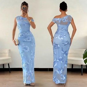 Detail of one-shoulder light blue dress with sheer mesh and floral 3D embroidery