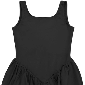 Detail of black sleeveless dress showing V-shaped waist stitching and pleated skirt texture