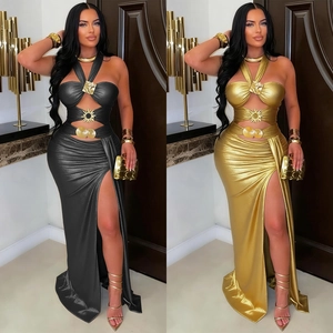 Metallisches Halter Sexy Maxikleid Für Damen Hollow Out Rückenfreies Abendpartykleid High Slit Bodycon Langes Clubkleid