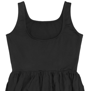 Detail of black sleeveless dress featuring a scoop neckline and elastic gathered waist folds