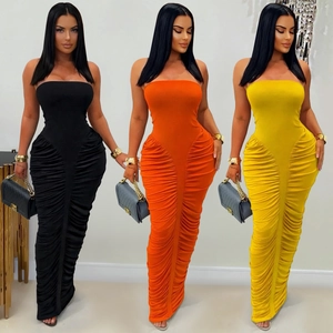 Women's Sexy Ruched Bodycon Maxi Dress Strapless Sleeveless Elegant Solid Color Long Party Evening Fish Tail Dress