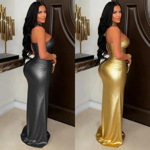 Elegante rückenfreie Bodycon-Abendkleider in Gold und Dunkelgrau mit glänzender Optik