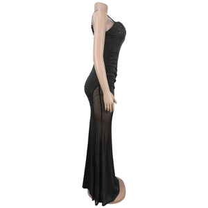 Detail of elegant black bodycon evening dress with rhinestone mesh side panels
