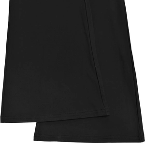 Detailed close-up of double-needle hem stitching on black wide-leg jumpsuit fabric