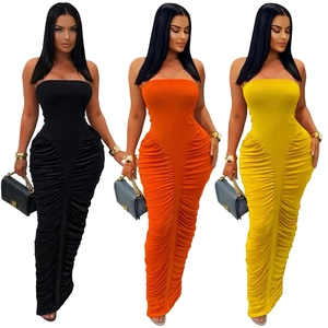 Sleeveless ruched bodycon maxi dress in black, orange, and yellow shades for women