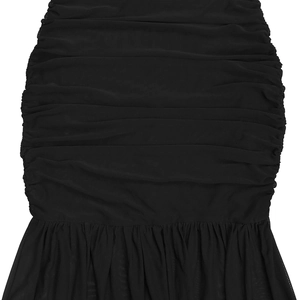 Detail of black ruched mesh fabric showing intricate pleated texture and hemline finish