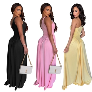 Detail view of slim fit one-shoulder maxi dresses with ruched side in three colors