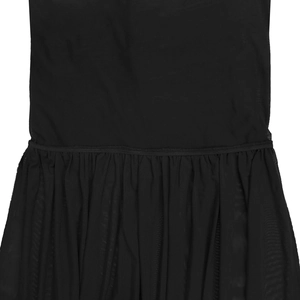 Detail of the sheer mesh fabric and delicate ruching on the waist of a black mini dress