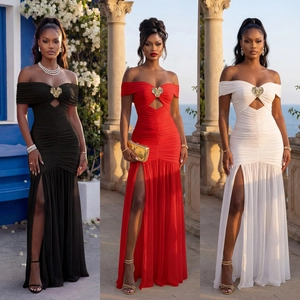 Robe de Soirée Élégante Épaules Dénudées Plissée Décor de Cœur Fente Haute Sexy Robe Maxi pour Mariage Banquet Femme
