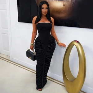 Elegant black strapless bodycon maxi dress with ruched details for formal parties