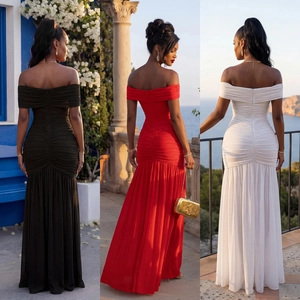 Robe de soirée élégante à épaules dénudées avec détails plissés en noir rouge et blanc