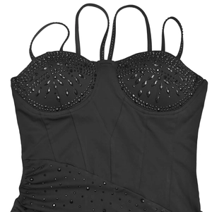Detailed view of black rhinestone bustier dress featuring intricate beading and multi-straps