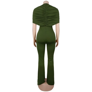 Back view of elegant olive green wide leg jumpsuit with back zipper and textured fabric