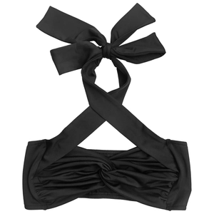 Detail of black halter top featuring front twist pleats and large bowknot decoration