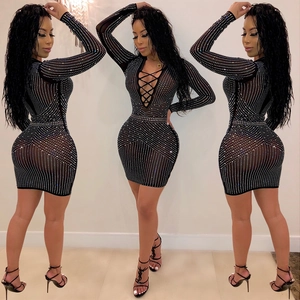 Donna Sexy Mesh Strass Bodycon Mini Abito Manica Lunga Profondo Scollo a V Allacciato Nightclub Party Abito a Tubino Giuntura Abito