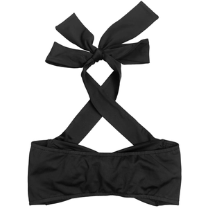 Detail of black bikini top with lace-up neck strap and elegant oversized bow design