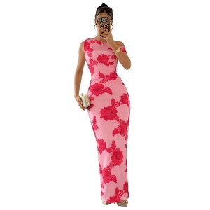 Detail of pink floral embroidery and pleated one-shoulder design on mesh bodycon dress