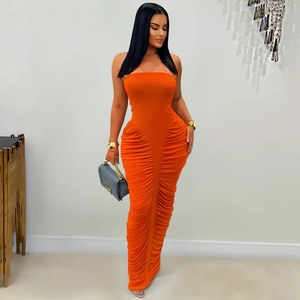 Orange strapless maxi dress with elegant ruching details and a slim-fit silhouette