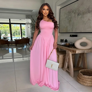 Elegant light pink one-shoulder maxi dress with pleated skirt and open back design