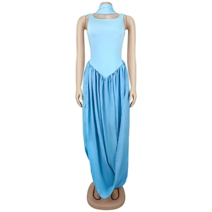 Detail of light blue sleeveless slit dress set with elegant matching neck scarf and draped skirt