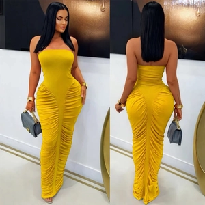 Front and back view of a yellow strapless ruched maxi dress for party fashion