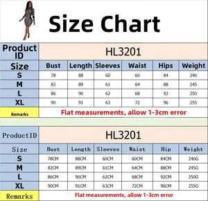 Detailed size chart for the HL3201 bodycon dress showing S to XL measurements and specs