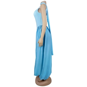 Side view of light blue sleeveless chiffon maxi dress with halter neck and side slit detailing