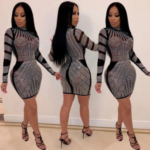 Women Sexy Black Mesh Mini Dress Sparkly Geometric Rhinestone High Neck Long Sleeve Bodycon Party Nightclub Dress