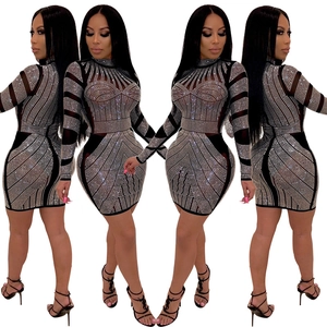 Women's glamorous rhinestone bodycon mini dress with geometric patterns and long sleeves