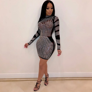 Elegant black mesh mini dress with silver rhinestones and long sleeves for women