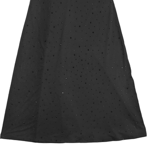 Detail of elegant black mesh dress fabric with sparkling rhinestone and bead embellishments
