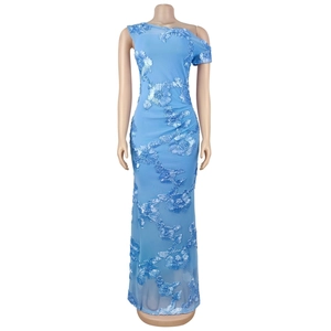 Detail of light blue one-shoulder evening dress with 3D floral mesh embroidery