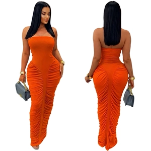 Detailed front and back view of a ruched orange tube maxi dress with gather details