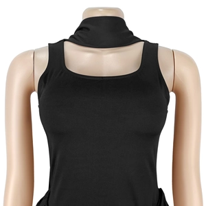 Detail view of black bodycon dress featuring a unique choker neckline and front cutout design