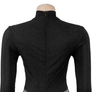 Close-up of back invisible zipper on black high-neck rhinestone bodysuit for women