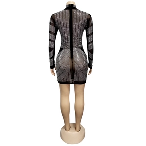 Detail of back zipper on black mesh mini dress with silver rhinestones and geometric patterns